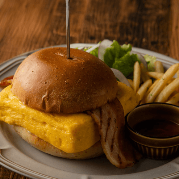 Japanese Omelet and Bacon Burger