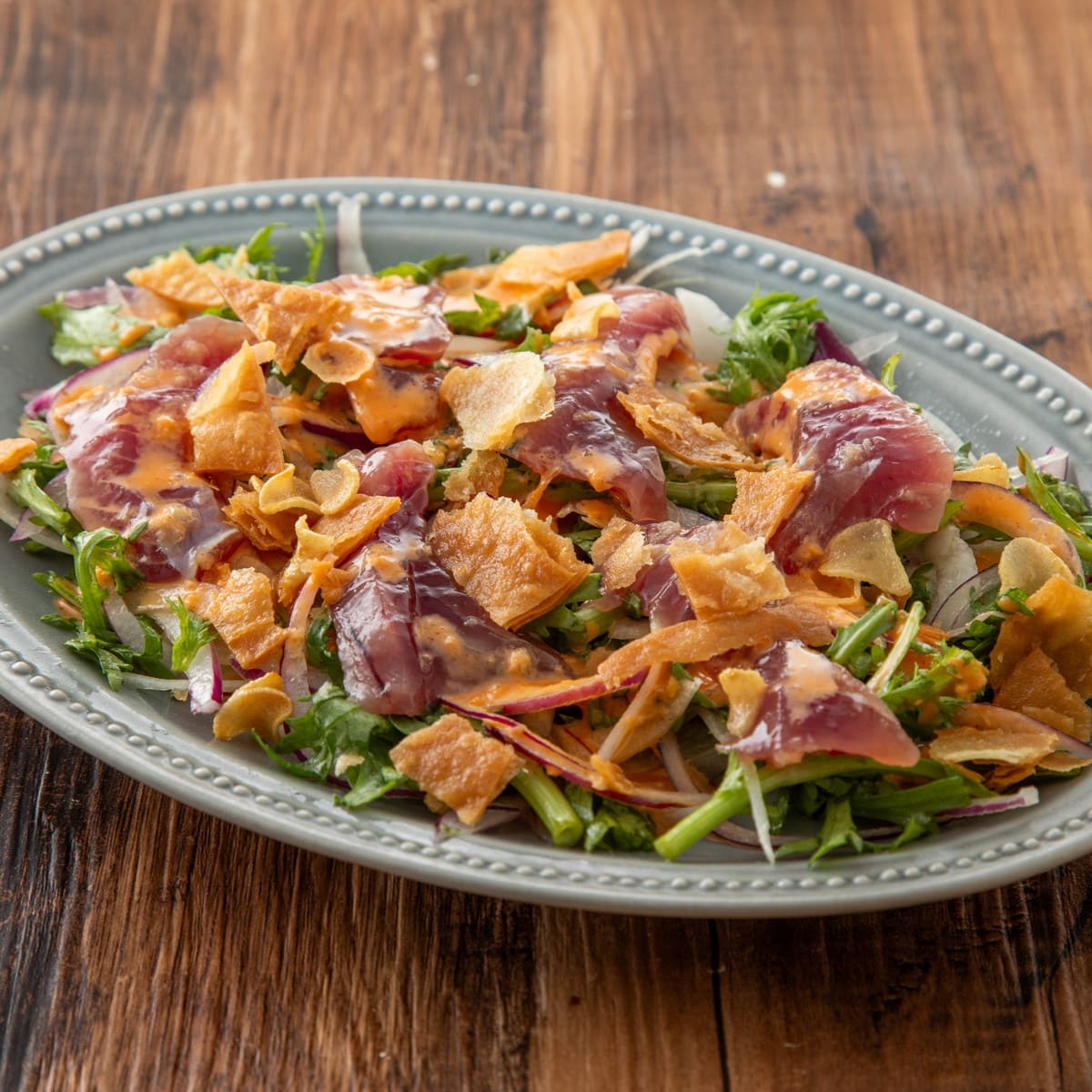 Bonito Salad with Tortilla Crunch and Garlic Crunch